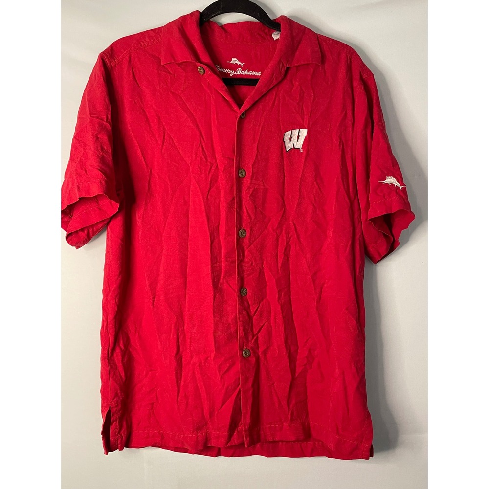 Tommy Bahama Red Silk Wisconsin‎ Badgers Hawaiian Shirt Men's S/P